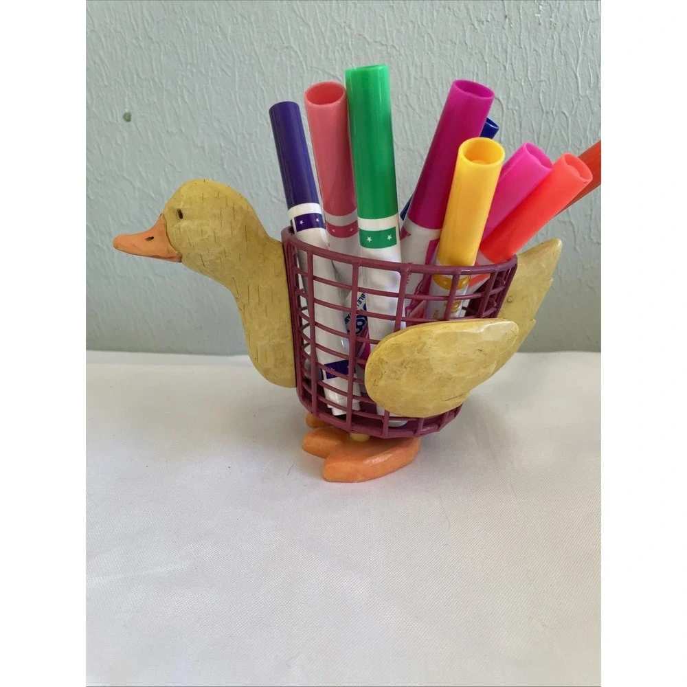 Vintage RUSS Berrie Duck Wire Basket Plant Pen Holder Hand Painted Kids Desk
